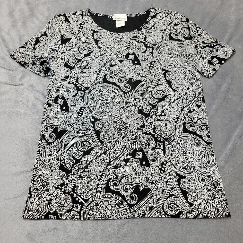 VTG Tapemeasure Shirt Womens Large Top Black Pullover Floral Puff Paint Y2K Tee